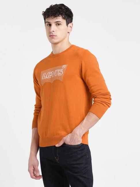 levi's mustard cotton regular fit logo printed sweater