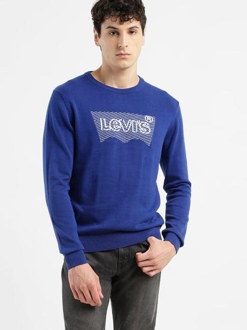 levi's blue cotton regular fit logo printed sweater