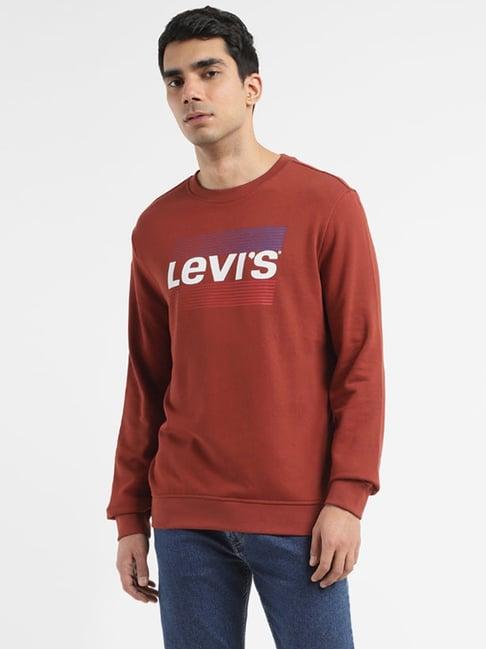 levi's brown cotton regular fit logo printed sweatshirt