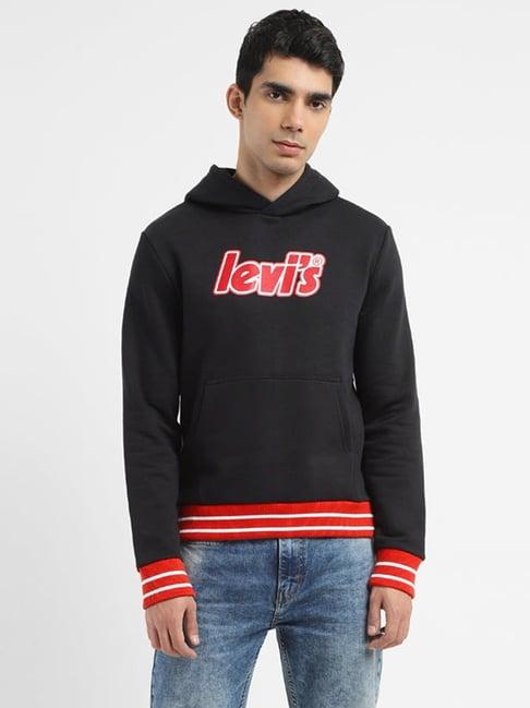 levi's black regular fit logo printed hooded sweatshirt