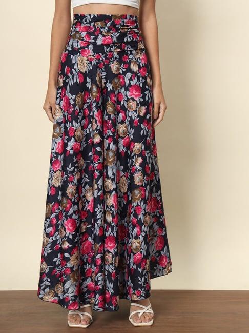 trend arrest navy & pink floral print high rise palazzos