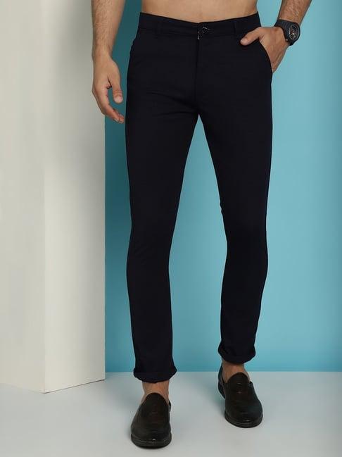 jainish navy blue tapered fit texture chinos