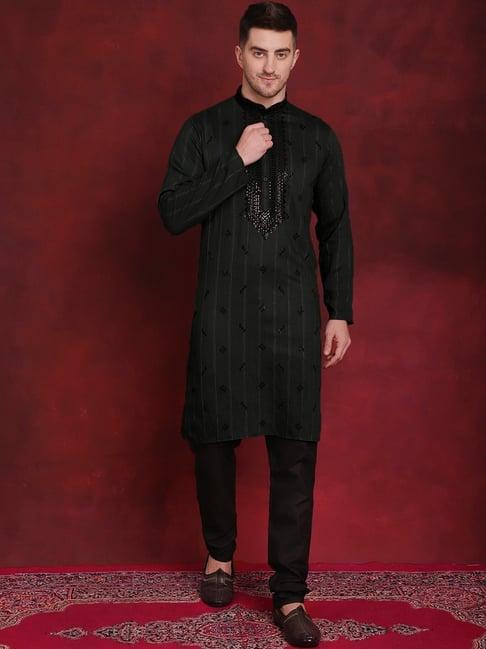 jompers olive & black regular fit embroidered kurta bottom set