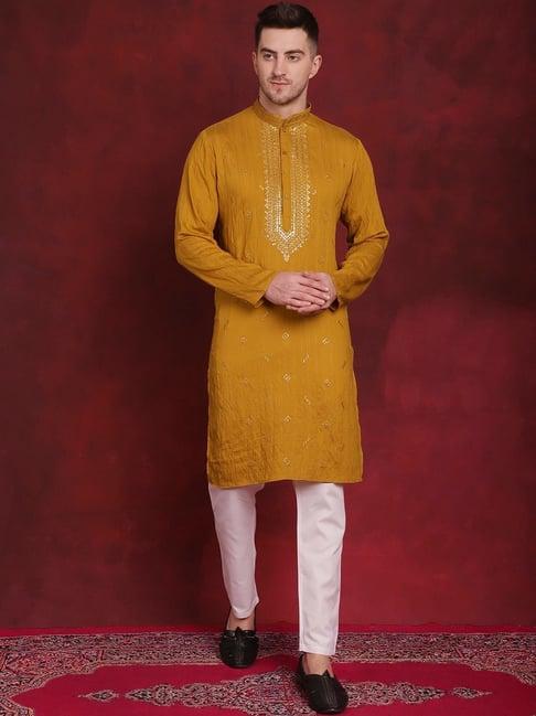 jompers mustard & white regular fit embroidered kurta bottom set