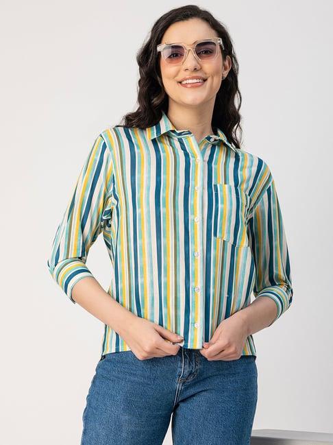 moomaya blue & yellow cotton striped shirt