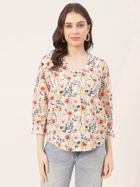 moomaya peach cotton floral print shirt