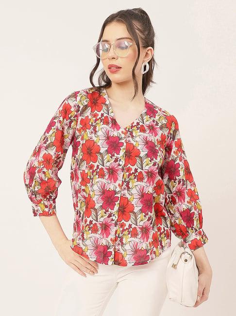 moomaya red & white cotton floral print shirt