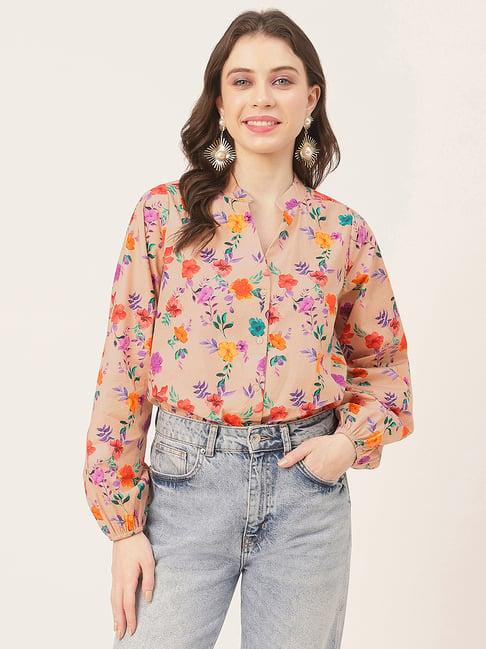 moomaya beige cotton floral print shirt