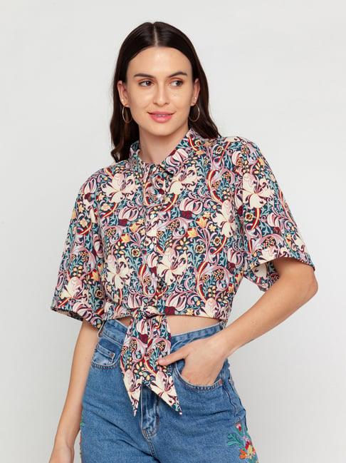 zink london blue floral print crop shirt