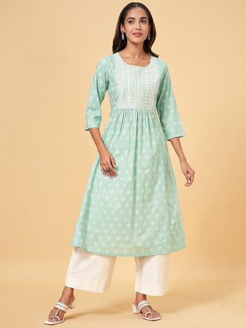 rangmanch by pantaloons aqua green embroidered a line kurta