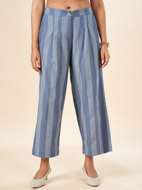 akkriti by pantaloons blue cotton striped flared pants