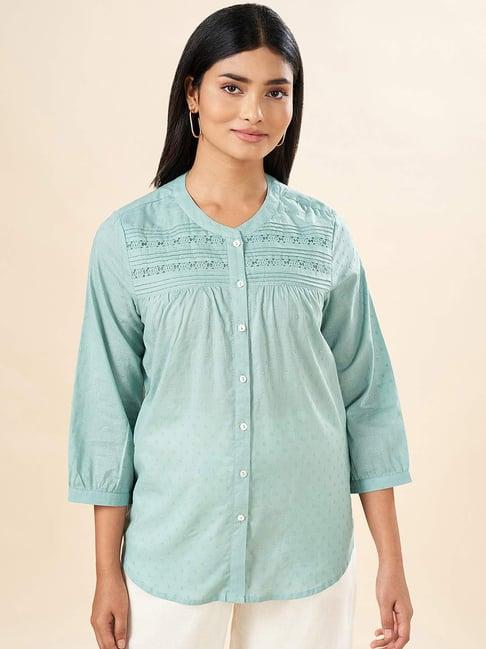 akkriti by pantaloons aqua blue cotton self pattern shirt