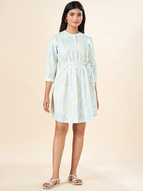 akkriti by pantaloons aqua blue printed a-line dress