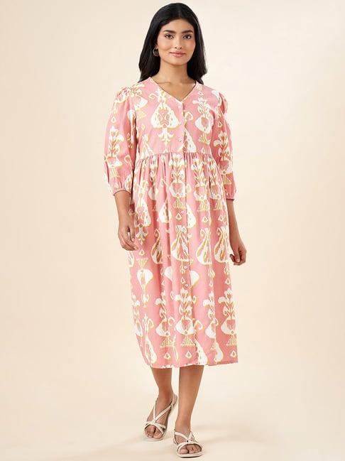 akkriti by pantaloons peach cotton printed a-line dress