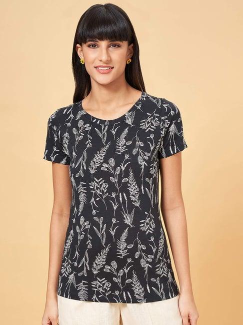 honey by pantaloons jet black cotton floral print t-shirt