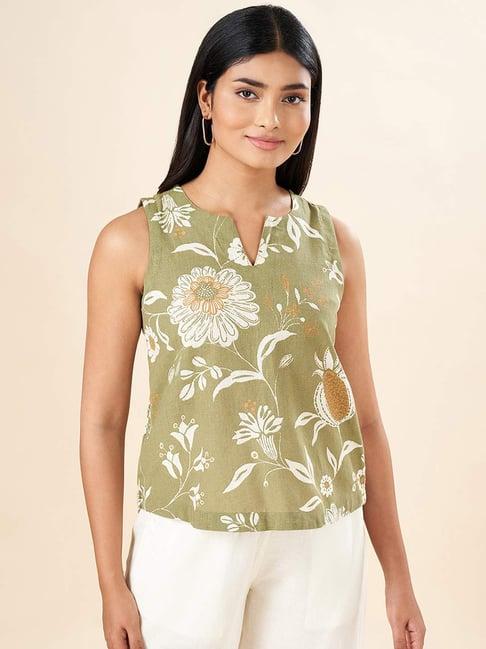 akkriti by pantaloons green cotton floral print top