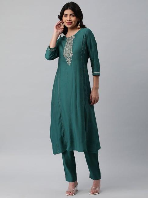 kami kubi green embroidered a line kurta