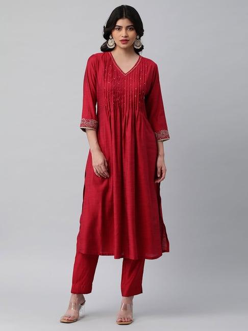 kami kubi red embroidered flared kurta