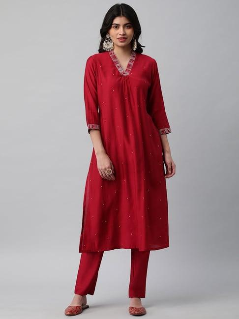 kami kubi red embroidered a line kurta