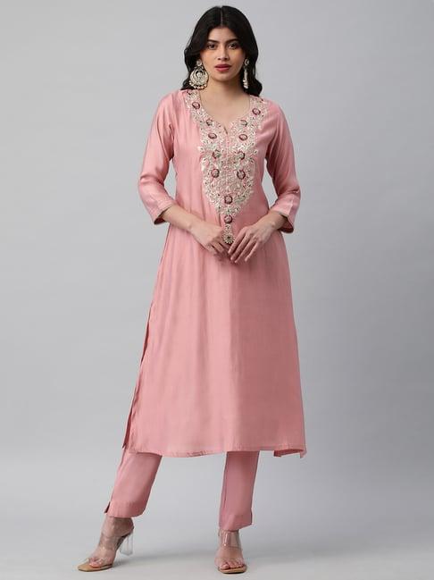 kami kubi light pink embroidered gotta patti a line kurta