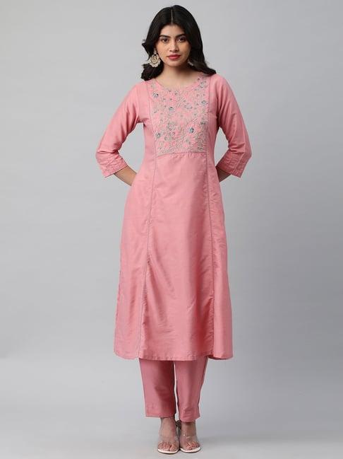 kami kubi pink embroidered a line kurta