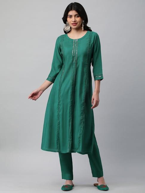 kami kubi green embroidered a line kurta