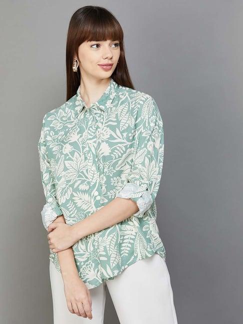 colour me by melange green cotton printed shirt