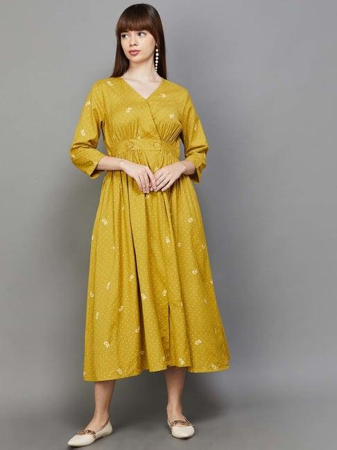 colour me by melange yellow printed a-line dress