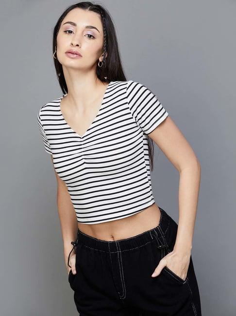 ginger by lifestyle white & black striped crop top