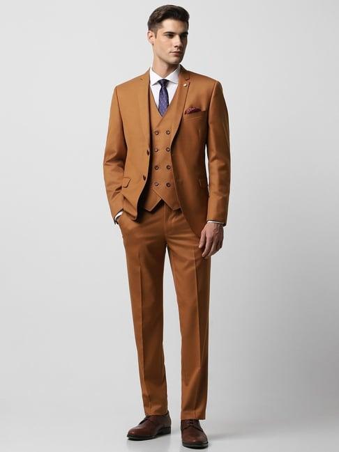 van heusen brown slim fit three piece suits