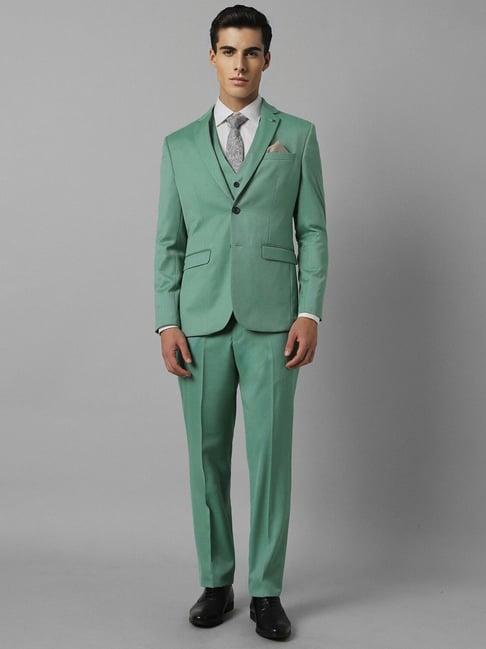 men green slim fit solid formal three piece suit