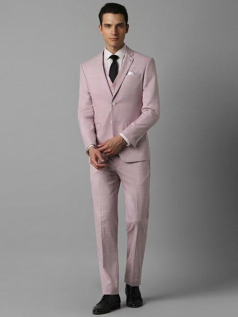 men pink slim fit check formal three piece suit