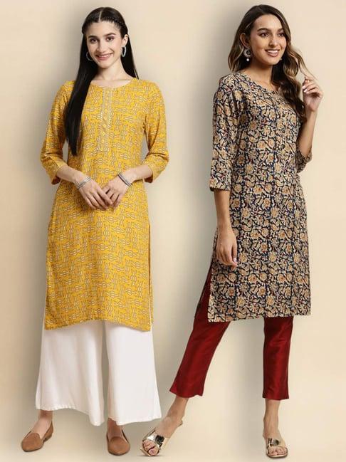 rangita navy & yellow floral print straight kurta - pack of 2