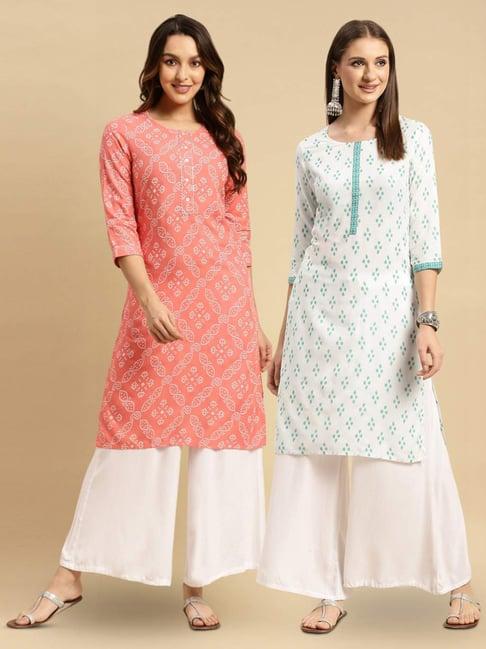 rangita peach & white printed straight kurta - pack of 2