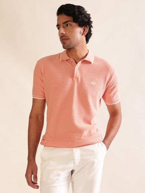 andamen pink regular fit textured cotton polo t-shirt