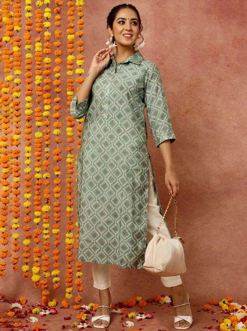 jaipur kurti sea green printed straight kurta