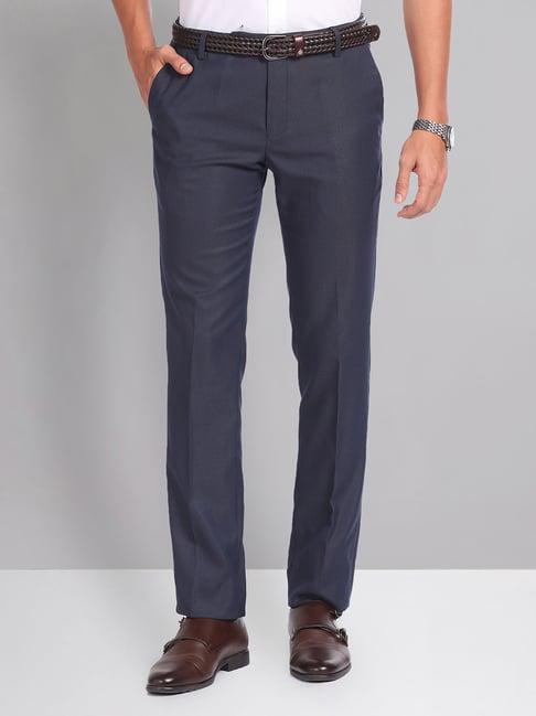 ad by arvind dark blue slim fit textured flat front trousers