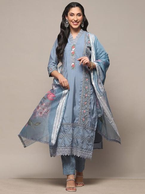 biba blue embroidered unstitched dress material