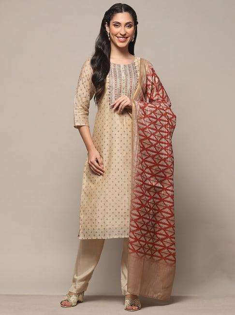 biba beige embroidered chanderi unstitched dress material