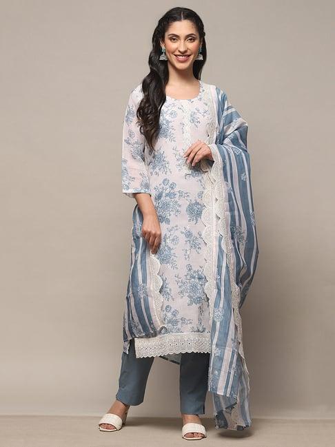 biba blue printed linen unstitched dress material