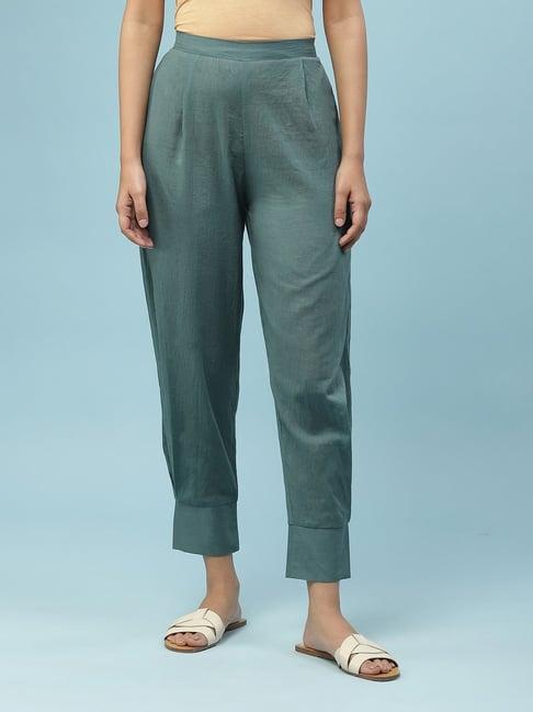 aarke ritu kumar teal cotton loose fit mid rise pants