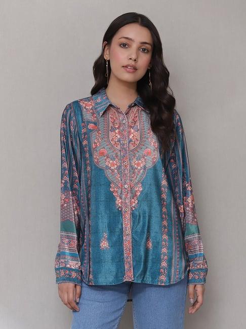 aarke ritu kumar teal & pink floral print shirt