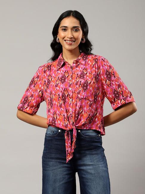 label ritu kumar red & pink rayon printed shirt