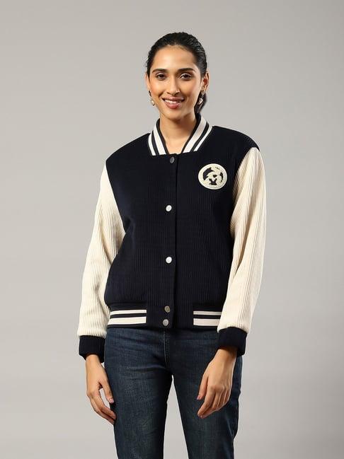 label ritu kumar navy & cream logo print bomber jacket