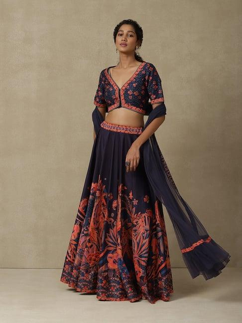 aarke ritu kumar navy floral print lehenga with choli & dupatta