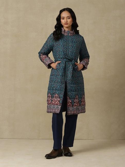 aarke ritu kumar teal & brown printed quilted jacket