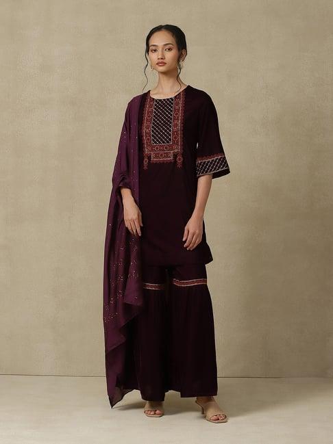 aarke ritu kumar purple embroidered kurta with sharara & dupatta