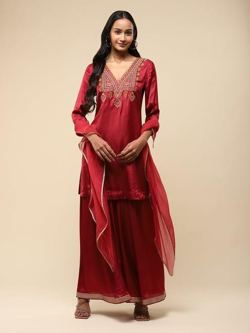 aarke ritu kumar maroon embroidered kurta with sharara & dupatta