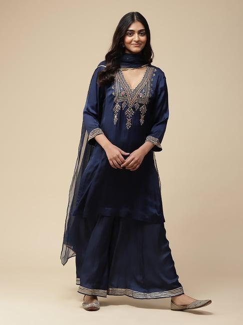 aarke ritu kumar navy embroidered kurta with sharara & dupatta