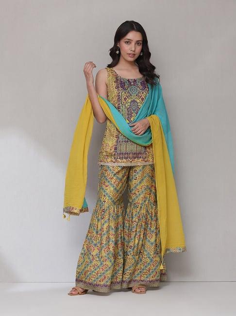 aarke ritu kumar yellow printed kurti with sharara & dupatta